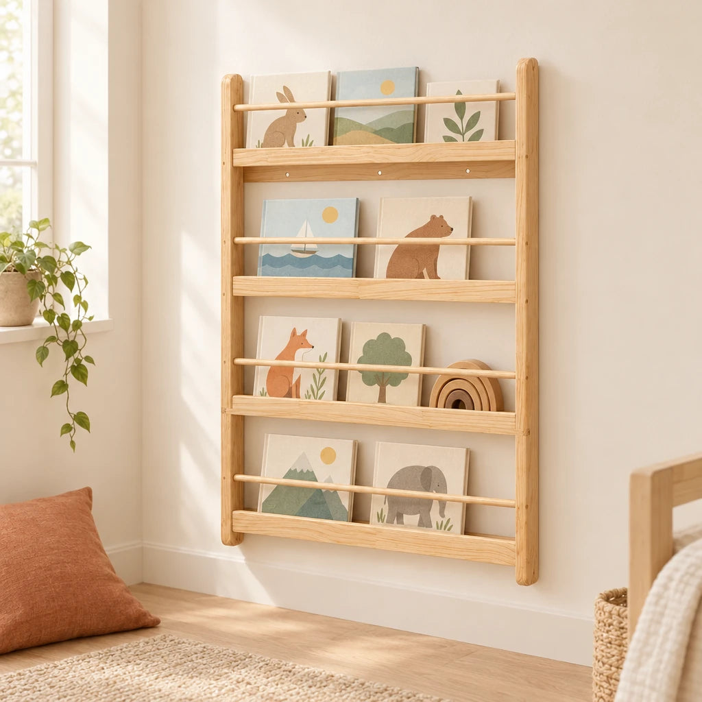 Bibliothèque enfant murale en bois naturel 4 niveaux dans une chambre d’enfant claire