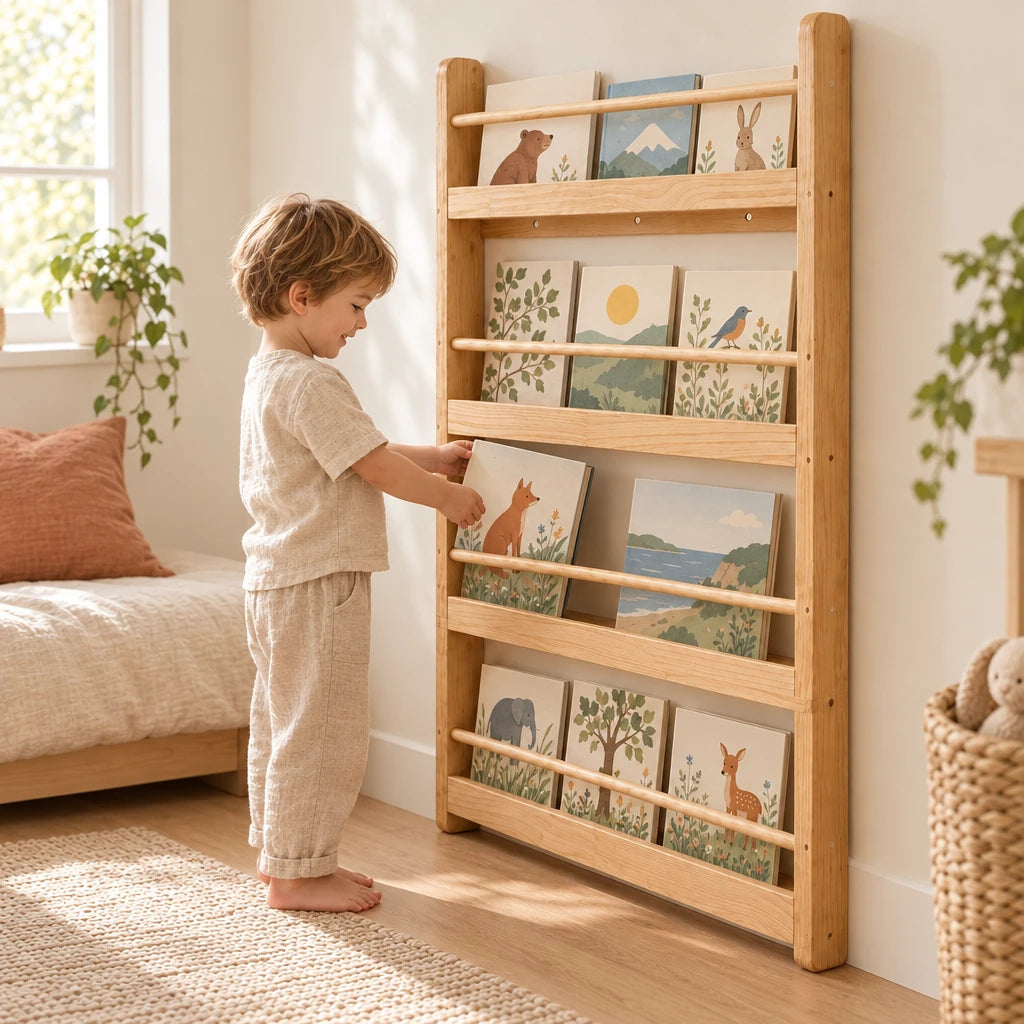 Enfant de 3 ans qui choisit seul un livre dans la bibliothèque enfant murale en bois naturel 4 niveaux
