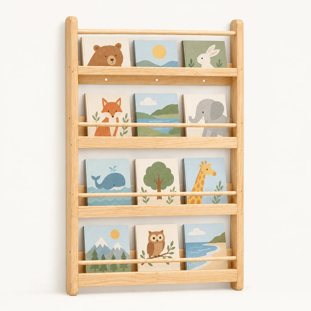 Bibliothèque enfant murale en bois naturel 4 niveaux sur fond clair