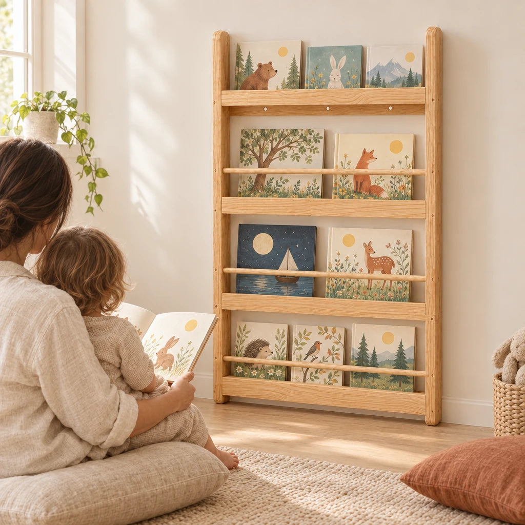 Parent et enfant qui lisent un album à côté de la bibliothèque enfant murale en bois naturel 4 niveaux