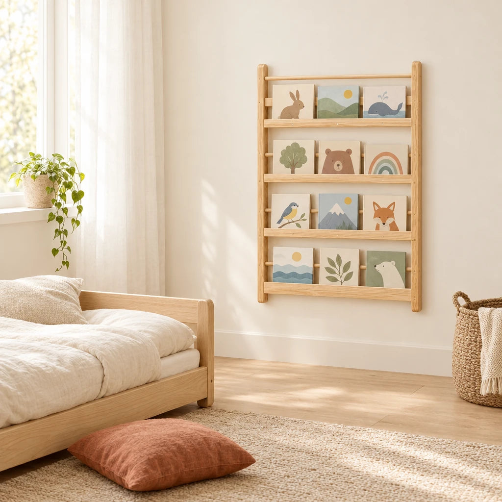 Vue d’ensemble d’une chambre Montessori avec la bibliothèque enfant murale en bois naturel 4 niveaux