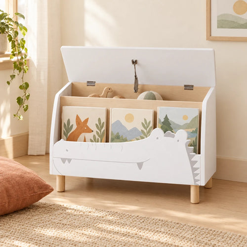 Bibliothèque enfant style crocodile dans une chambre d’enfant claire