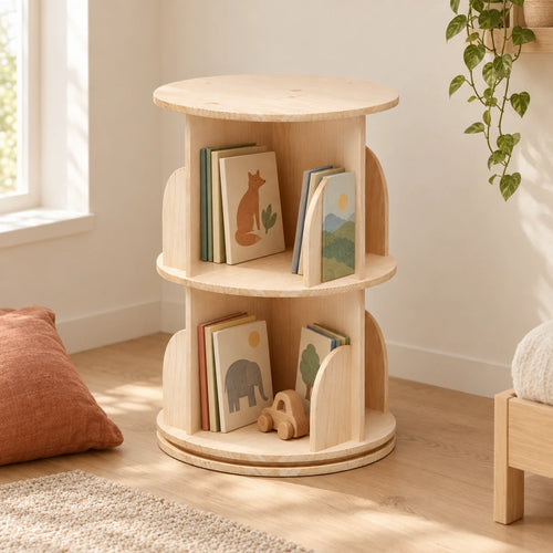 Bibliothèque enfant tournante en bois naturel 2 étages dans une chambre d’enfant claire