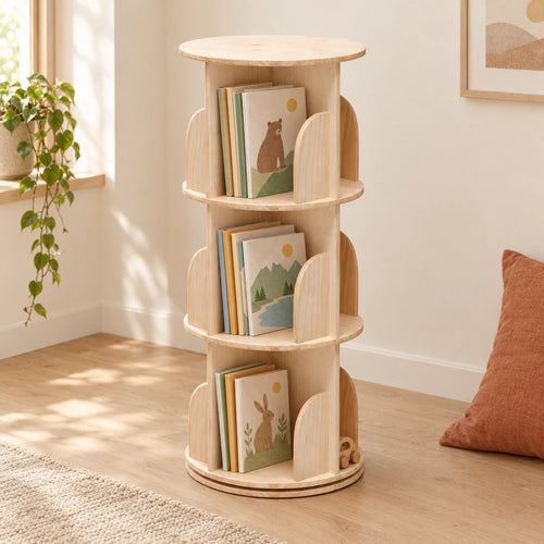 Bibliothèque enfant tournante en bois naturel 3 étages dans une chambre d’enfant claire
