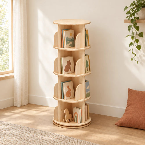 Bibliothèque enfant tournante en bois naturel 4 étages dans une chambre d’enfant claire