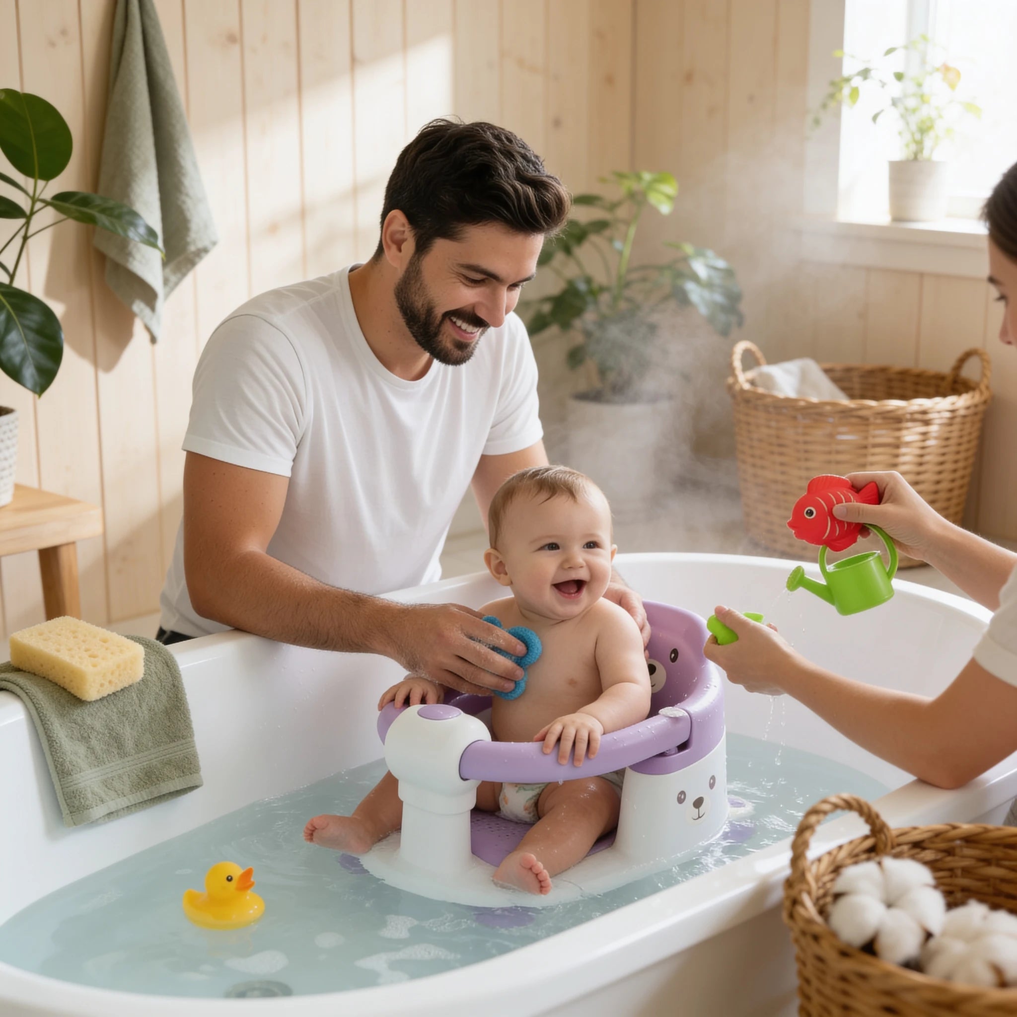 Transat de bain bébé enveloppant protection 360° en situation dans la salle de bain, ambiance cosy