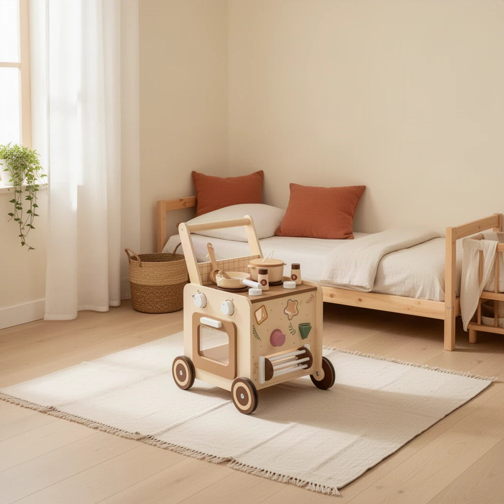 Chariot de Cuisine Montessori dans une chambre Montessori, vue d’ensemble