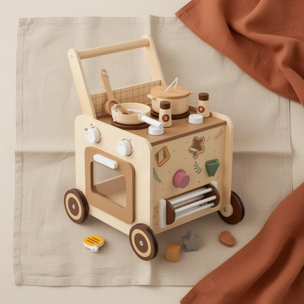 Chariot de Cuisine Montessori vu de dessus, posé sur du lin