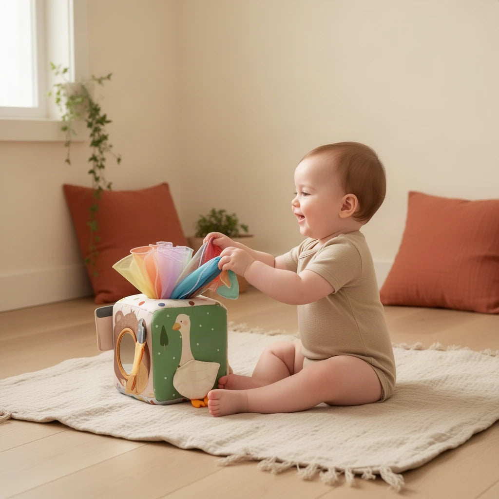 Cube d'activités bébé avec foulards et miroir : enfant qui joue seul dans sa chambre