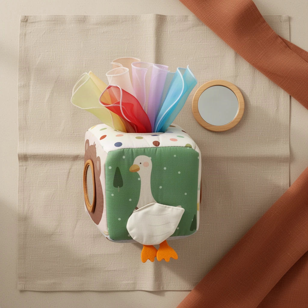 Cube d'activités bébé avec foulards et miroir vu de dessus, posé sur du lin