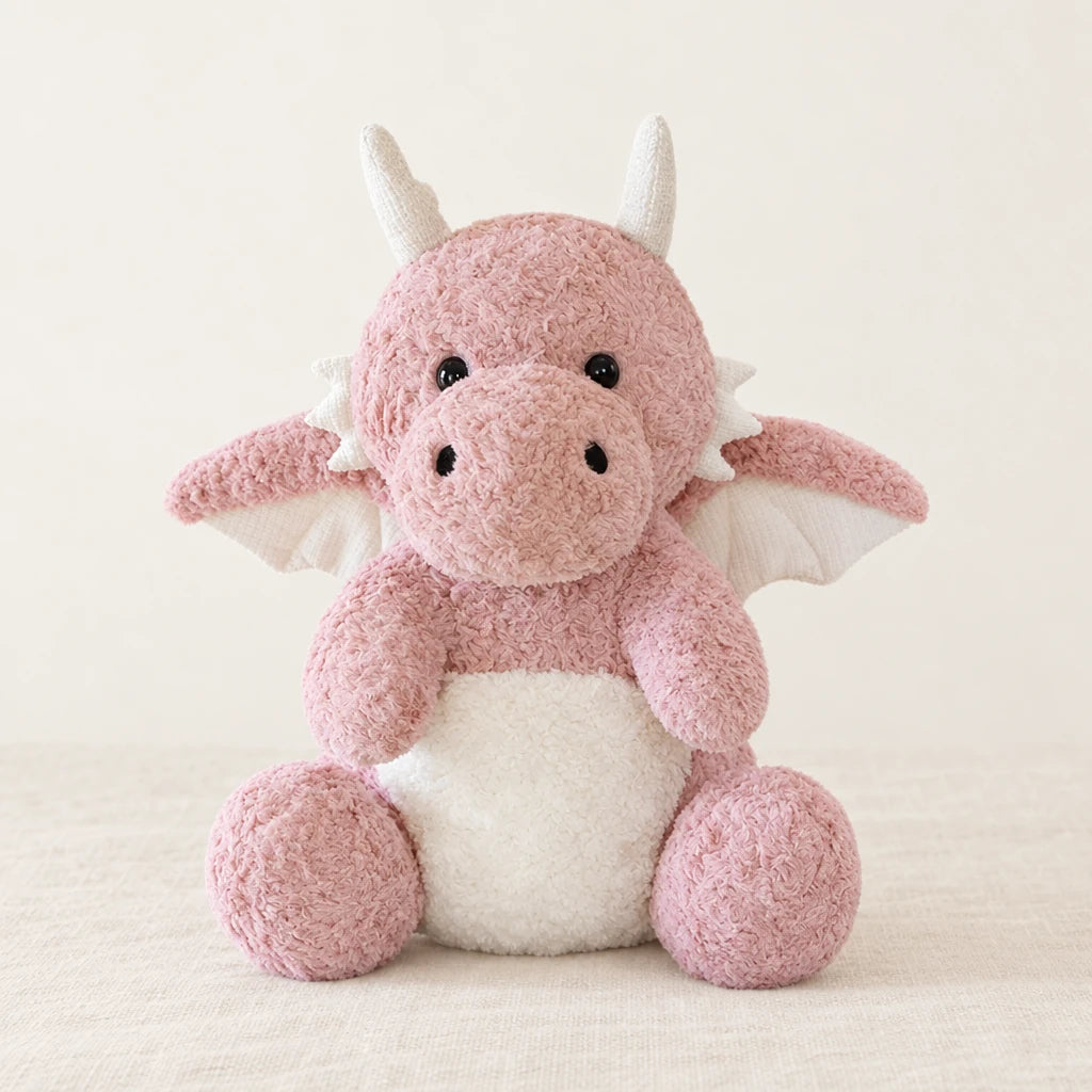 Dragon moelleux en peluche 30 cm rose sur fond crème, en studio
