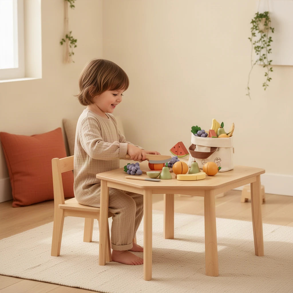Fruits à Découper Montessori : enfant qui joue seul dans sa chambre