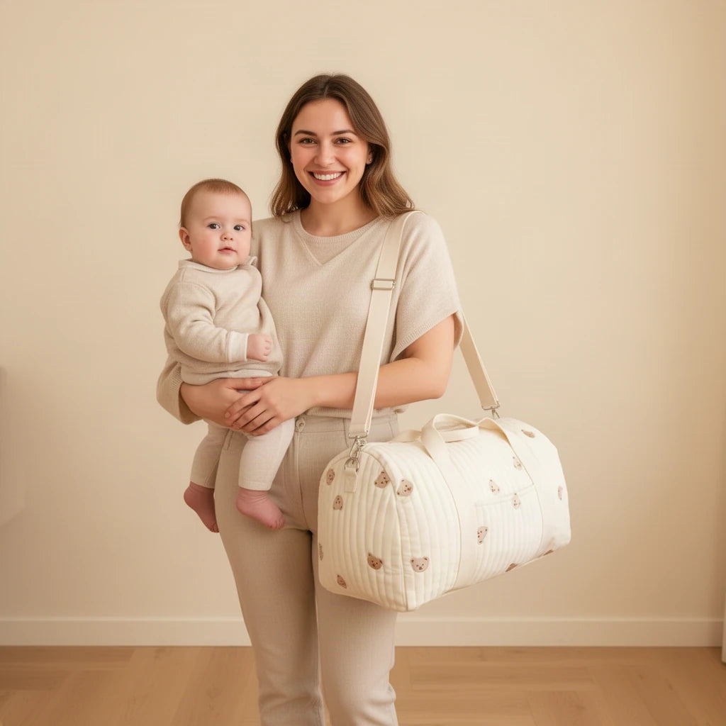 Grand sac à langer en coton matelassé brodé 40 L porté à l’épaule par une maman avec son bébé