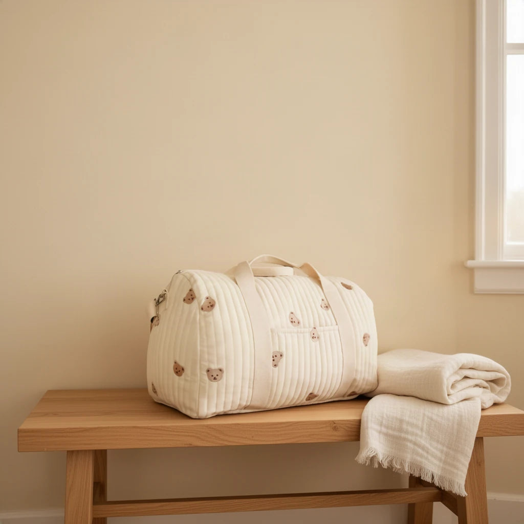 Grand sac à langer en coton matelassé brodé 40 L posé sur un banc dans une entrée