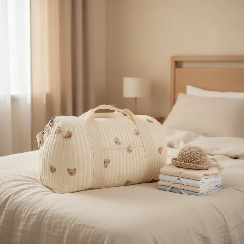 Grand sac à langer en coton matelassé brodé 40 L prêt pour la maternité, posé sur le lit