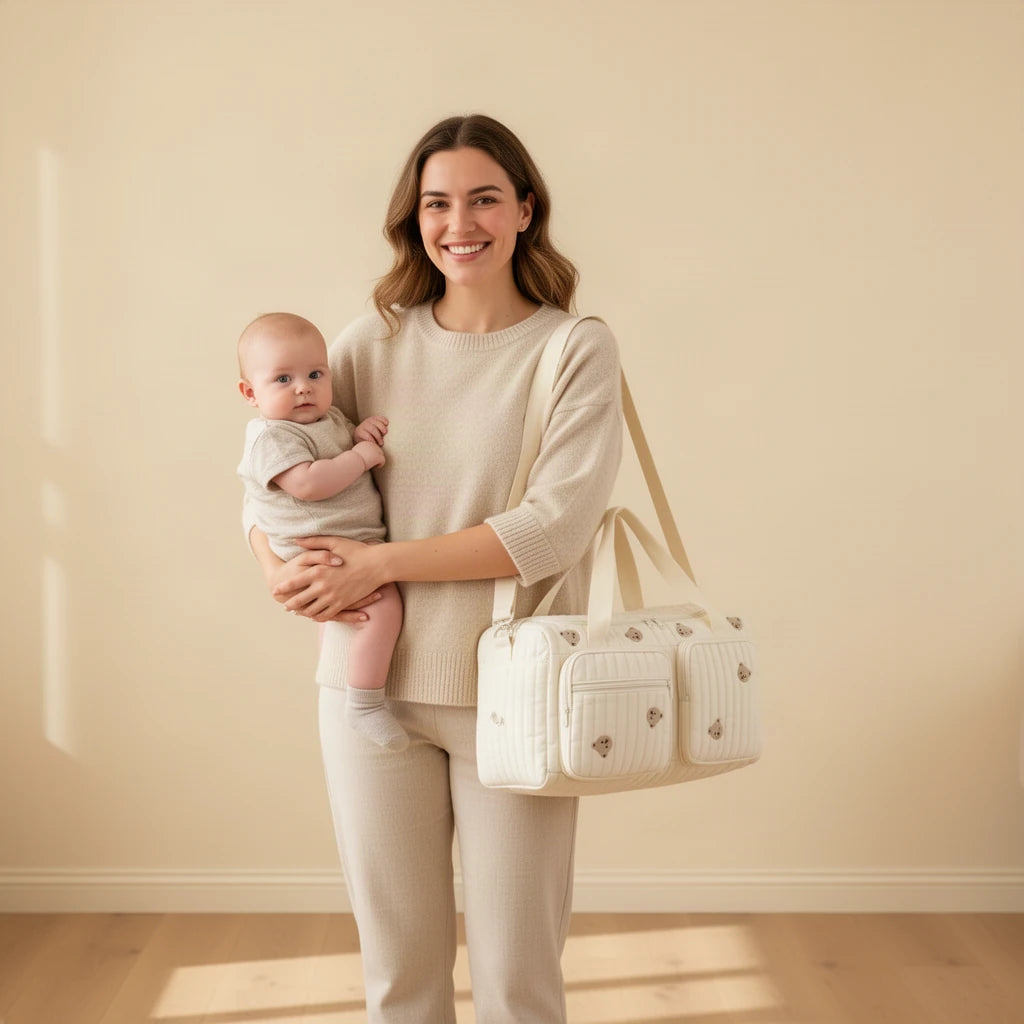 Grand sac à langer matelassé à motifs porté à l’épaule par une maman avec son bébé