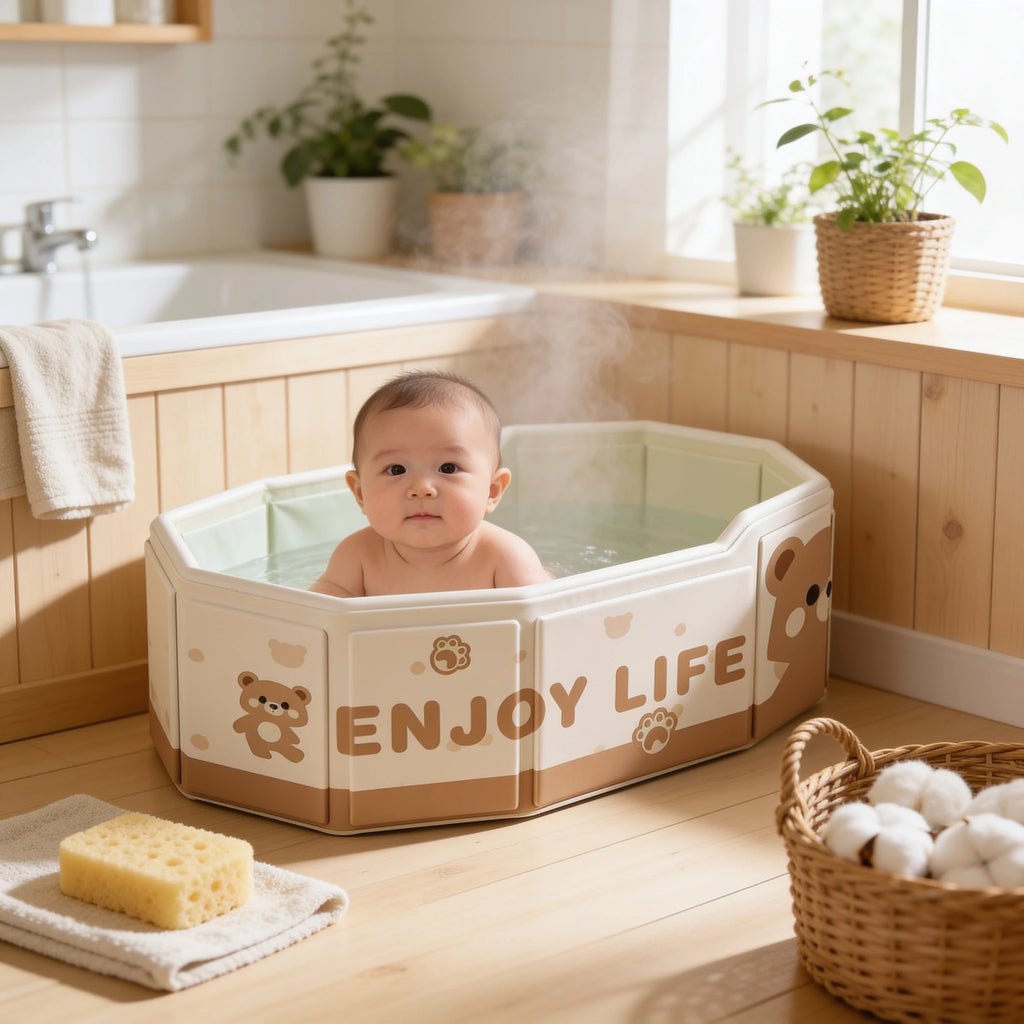 Grande baignoire bébé pliable XXL en situation dans la salle de bain, ambiance cosy