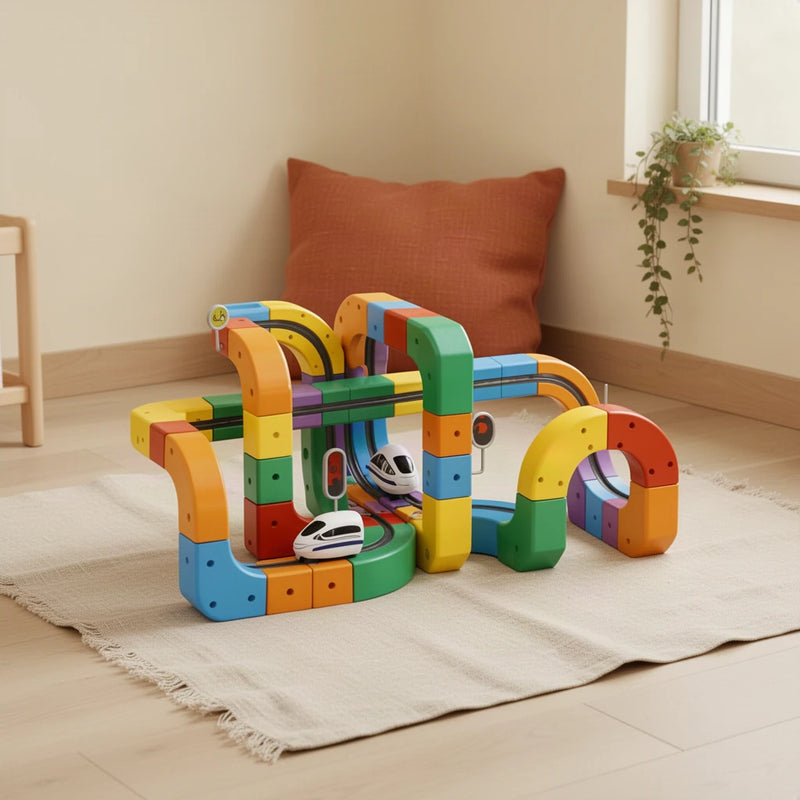 Itinéraire de train avec cubes STEM Montessori dans une chambre d’enfant Montessori