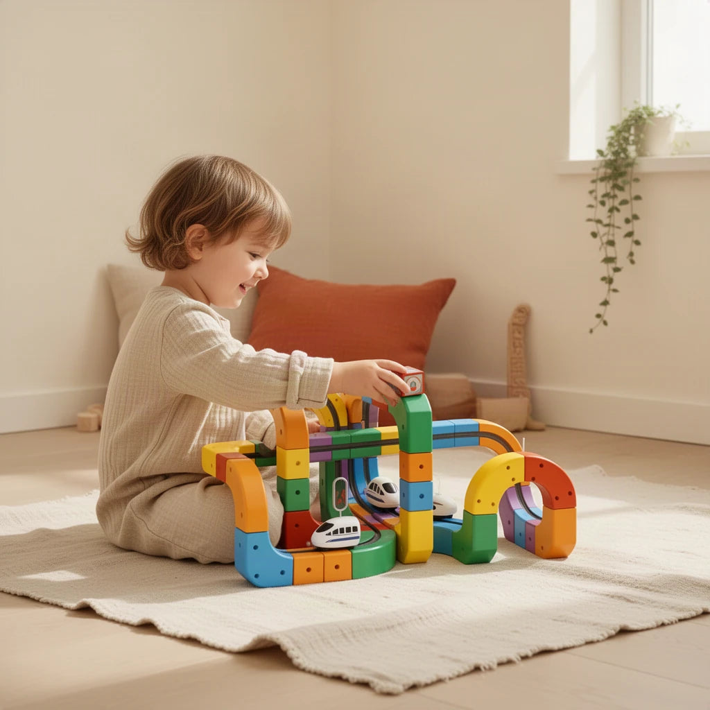 Itinéraire de train avec cubes STEM Montessori : enfant qui joue seul dans sa chambre