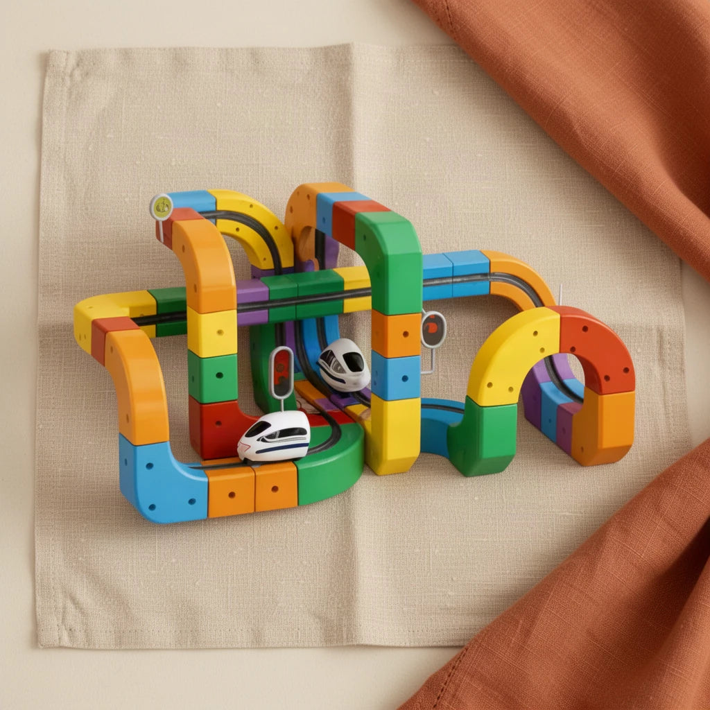 Itinéraire de train avec cubes STEM Montessori vu de dessus, posé sur du lin