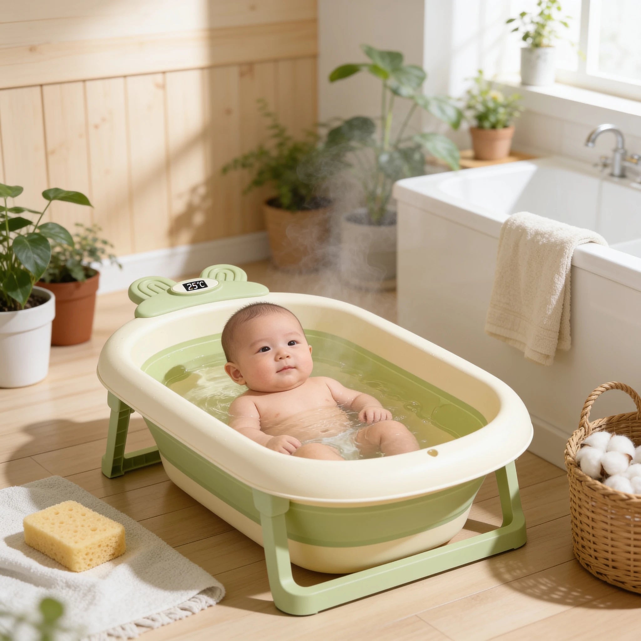 Baignoire bébé pliable avec thermomètre intégré Juste Tiède en situation dans la salle de bain, ambiance cosy