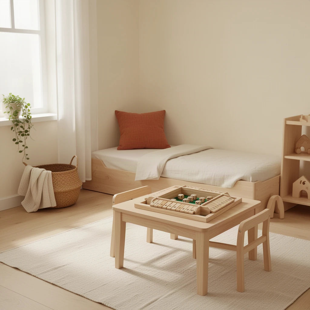 Jeu de chiffres Montessori dès 3 ans dans une chambre Montessori, vue d’ensemble