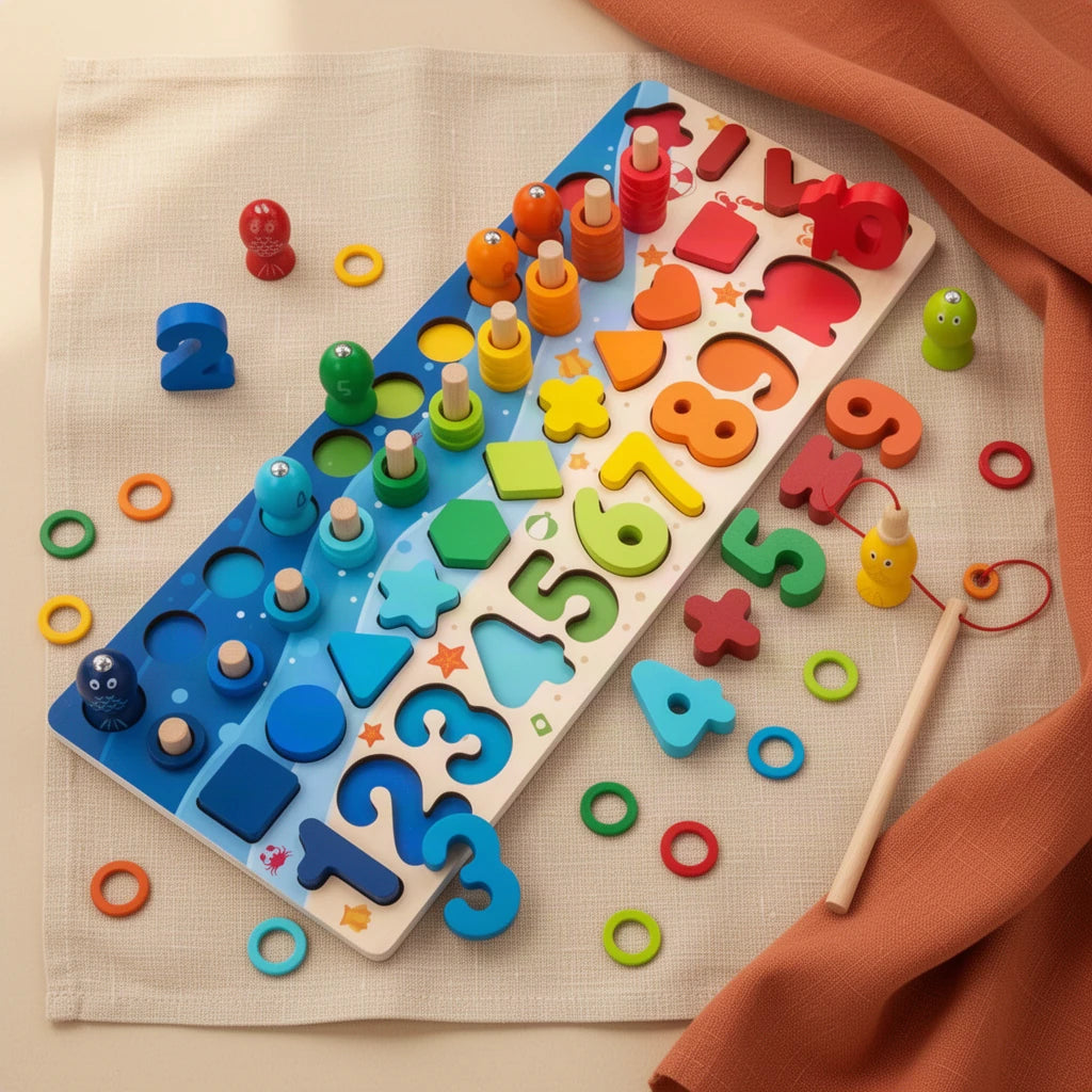 Jeu de Pêche et Formes Montessori dès 2 ans vu de dessus, posé sur du lin