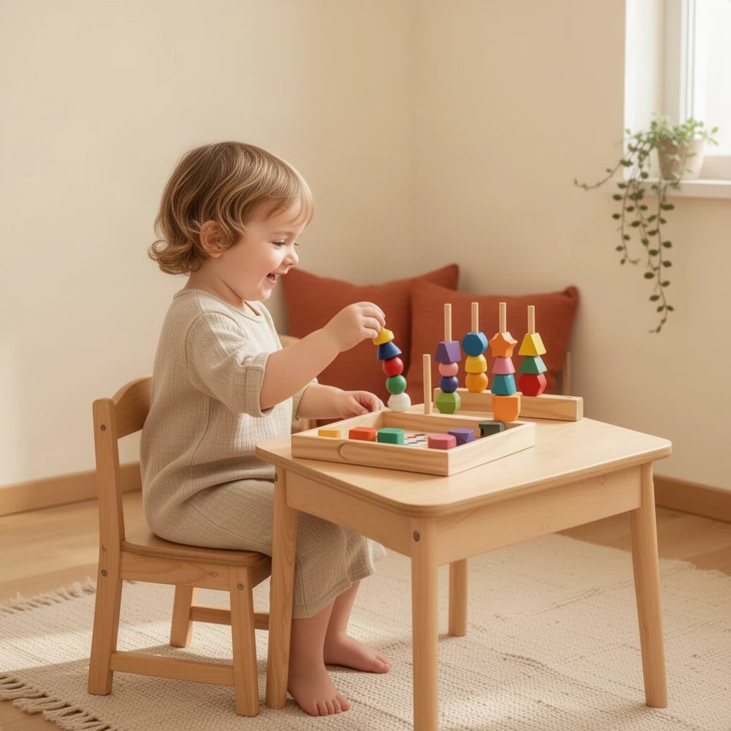 Jeu de Perles à Empiler Montessori dès 2 ans : enfant qui joue seul dans sa chambre