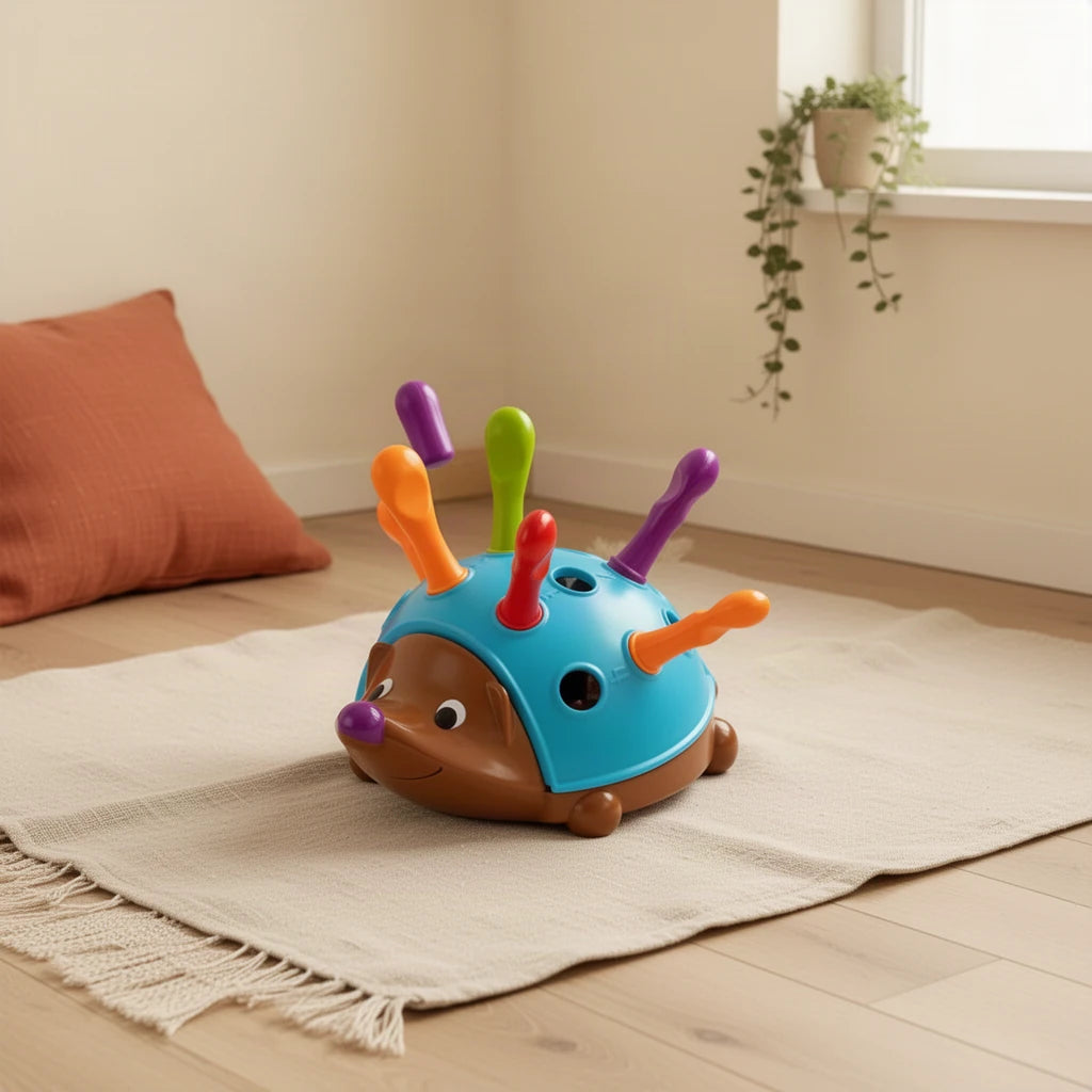 Jeu Motricité Fine Bébé Hérisson à Piques Colorés Montessori dès 7 mois dans une chambre d’enfant Montessori