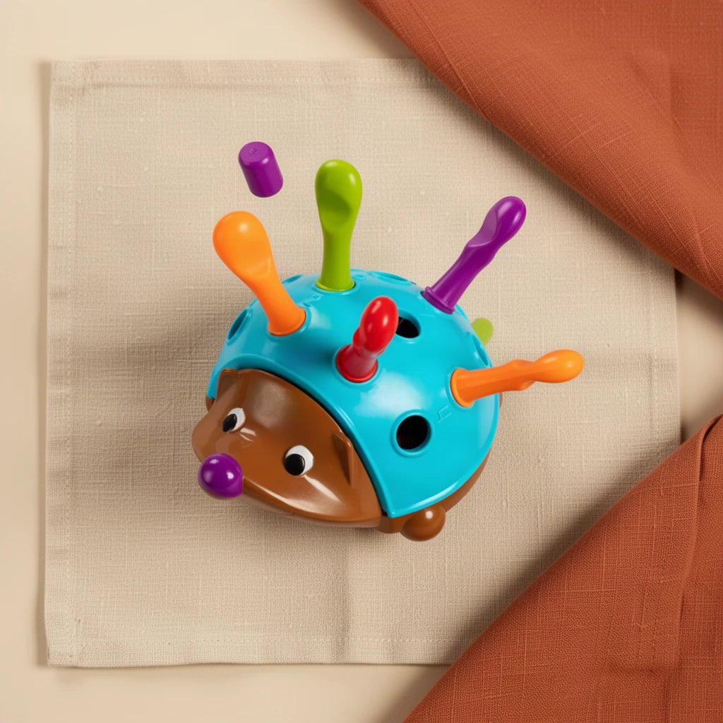 Jeu Motricité Fine Bébé Hérisson à Piques Colorés Montessori dès 7 mois vu de dessus, posé sur du lin