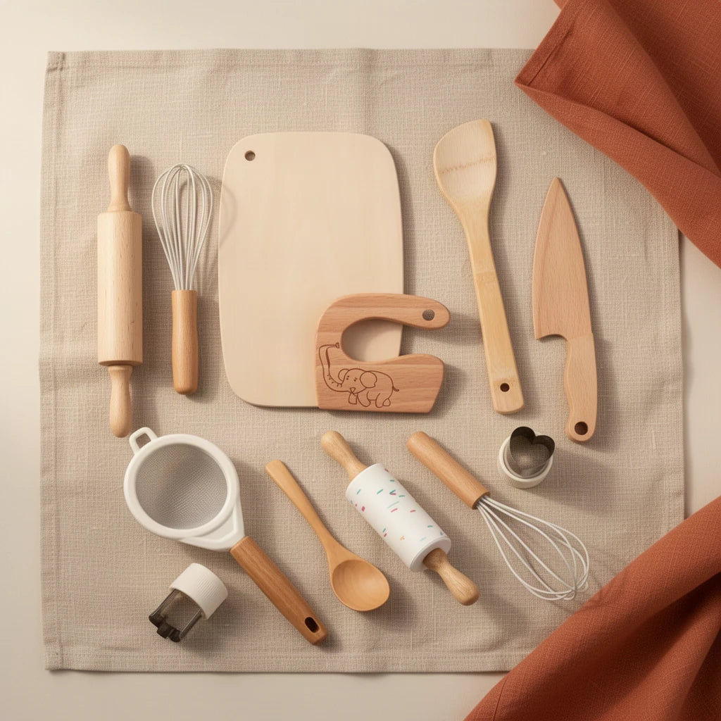 Kit de Cuisine Montessori vu de dessus, posé sur du lin