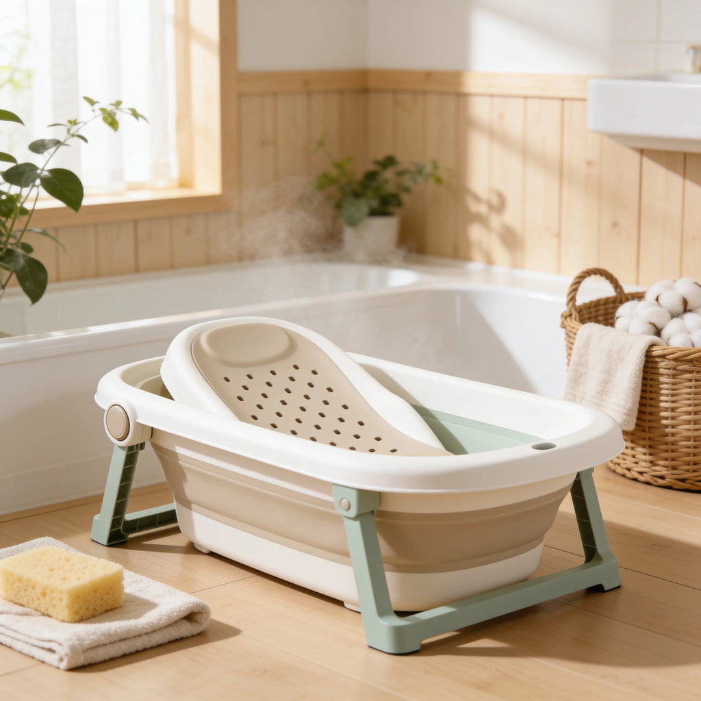 Transat de bain bébé compact avec thermomètre en situation dans la salle de bain, ambiance cosy