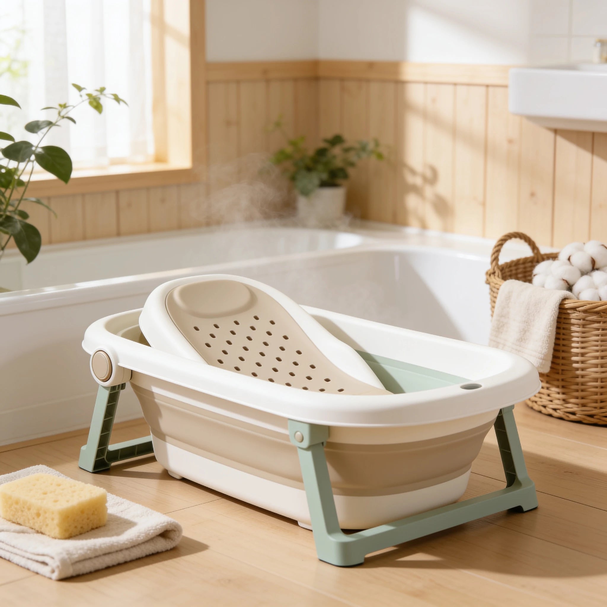 Transat de bain bébé compact avec thermomètre en situation dans la salle de bain, ambiance cosy