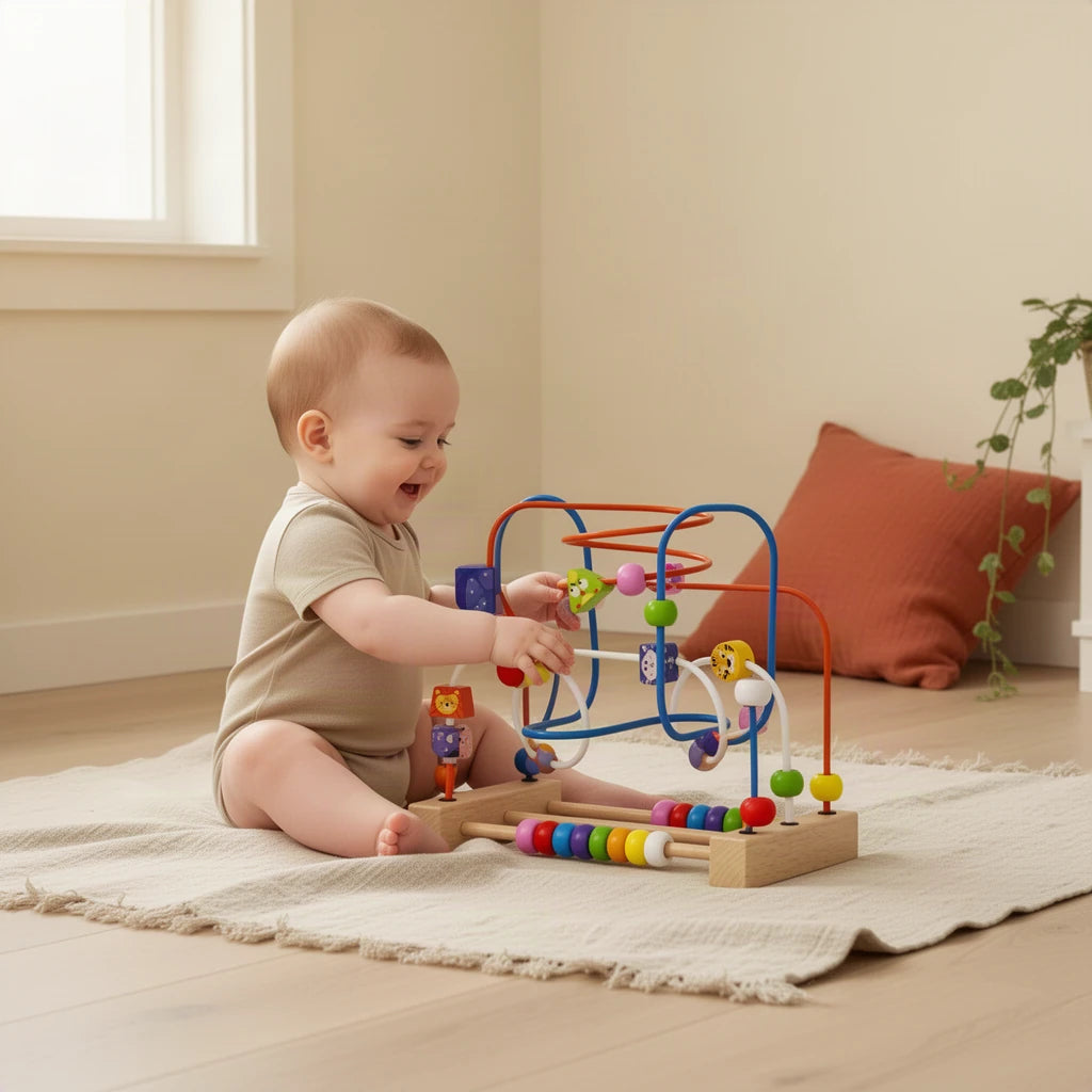 Labyrinthe Montessori en Bois : enfant qui joue seul dans sa chambre