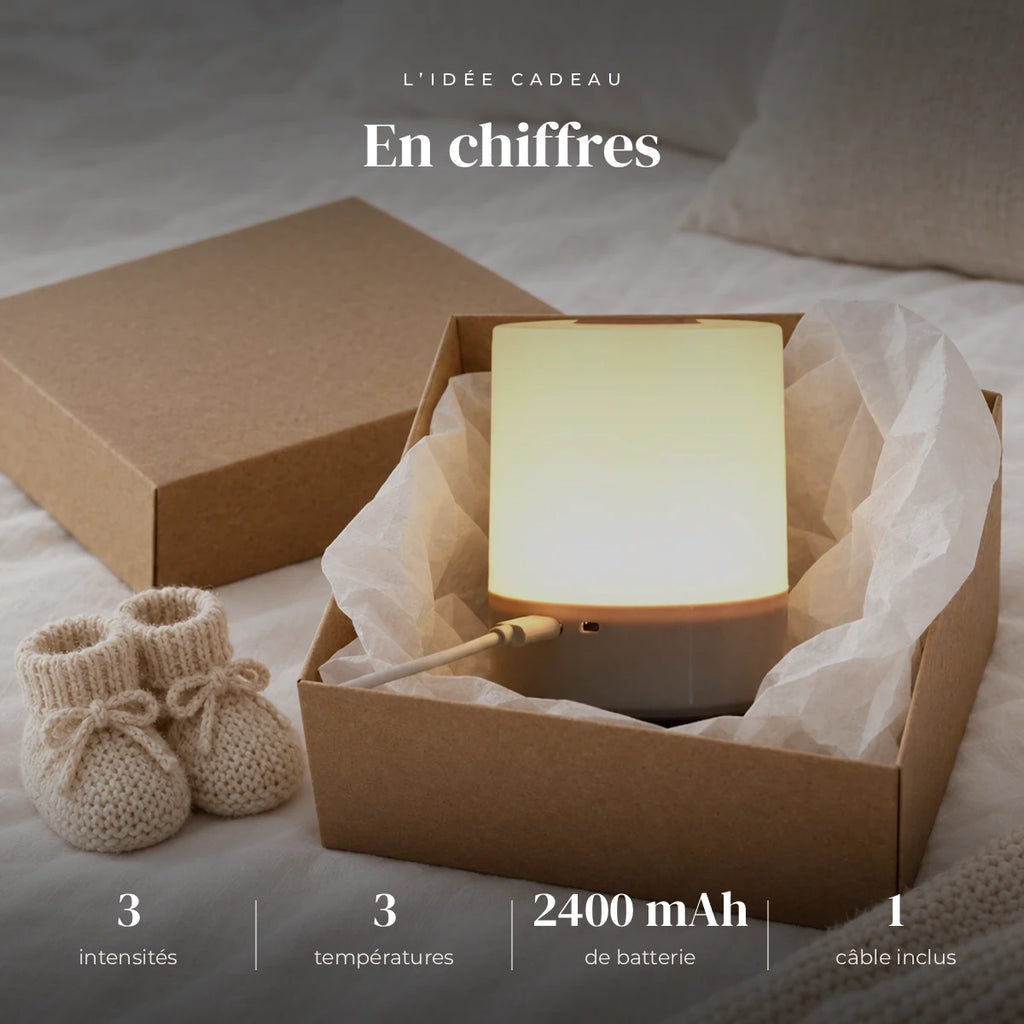 Veilleuse tactile LED rechargeable dans sa boîte cadeau, idée cadeau de naissance