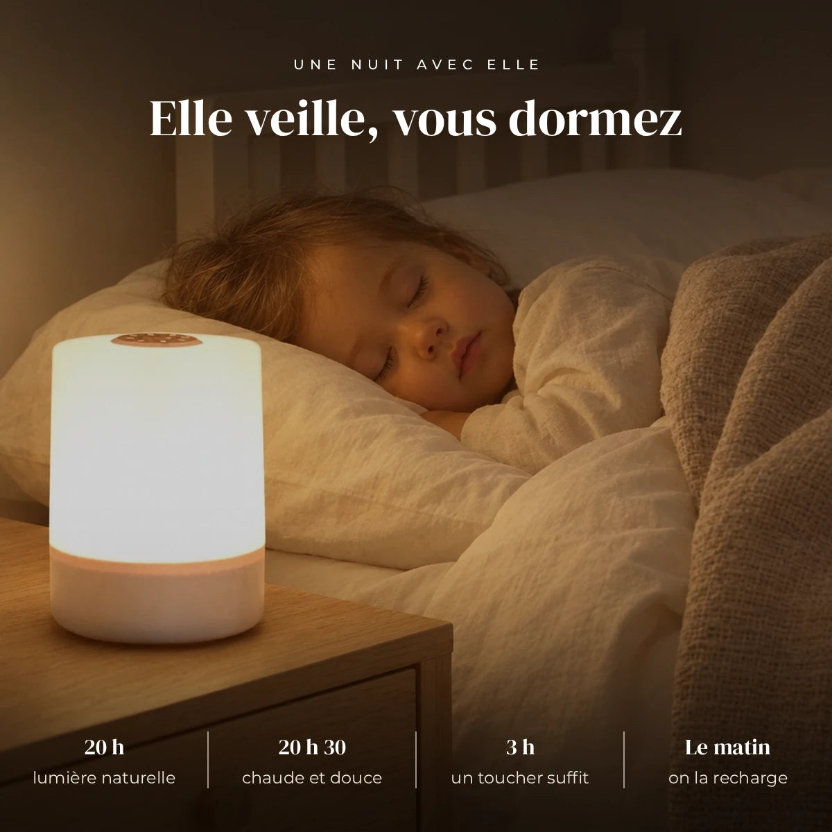 Veilleuse tactile LED rechargeable qui éclaire doucement la chambre pendant que l’enfant dort