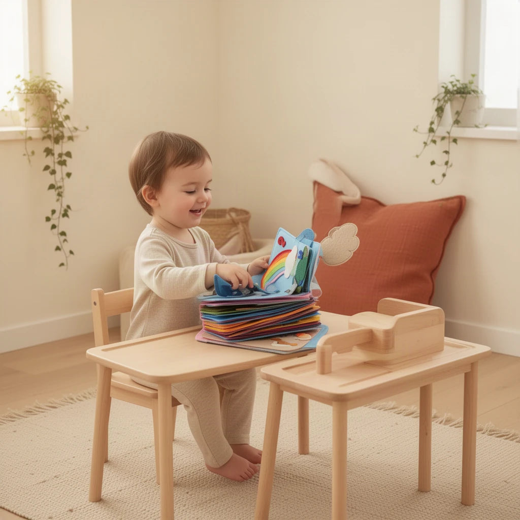Livre Interactif Montessori : enfant qui joue seul dans sa chambre