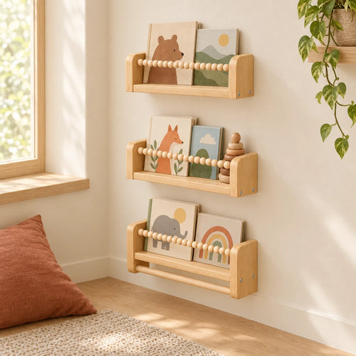 Lot de 3 bibliothèques enfant murales 40cm dans une chambre d’enfant claire
