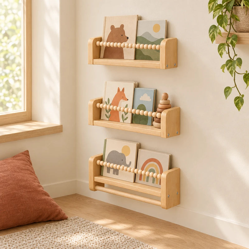 Étagère murale enfant : lot de 3, 40 cm, perles en bois