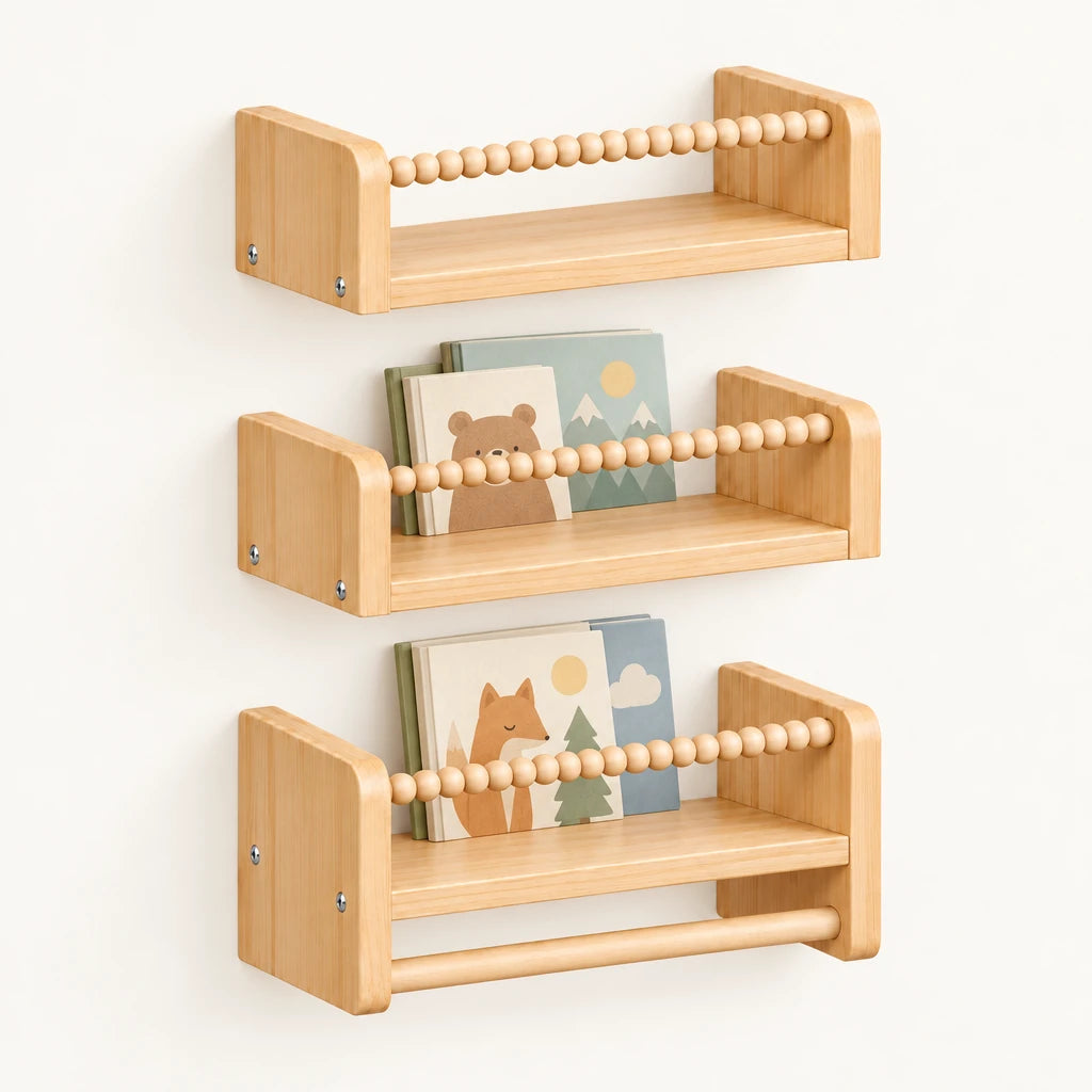 Lot de 3 bibliothèques enfant murales 40cm sur fond clair