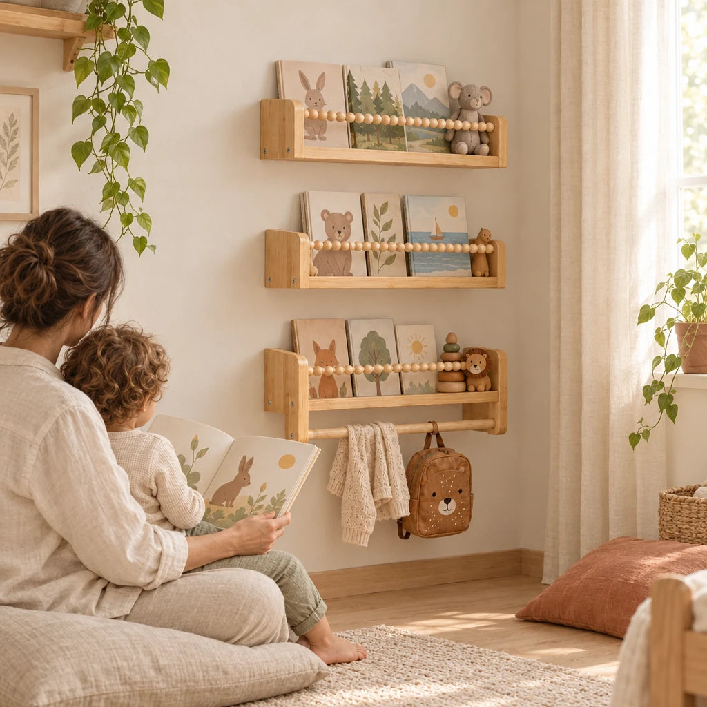 Parent et enfant qui lisent un album à côté du lot de 3 bibliothèques enfant murales 40cm