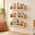 Lot de 3 bibliothèques enfant murales 50cm dans une chambre d’enfant claire