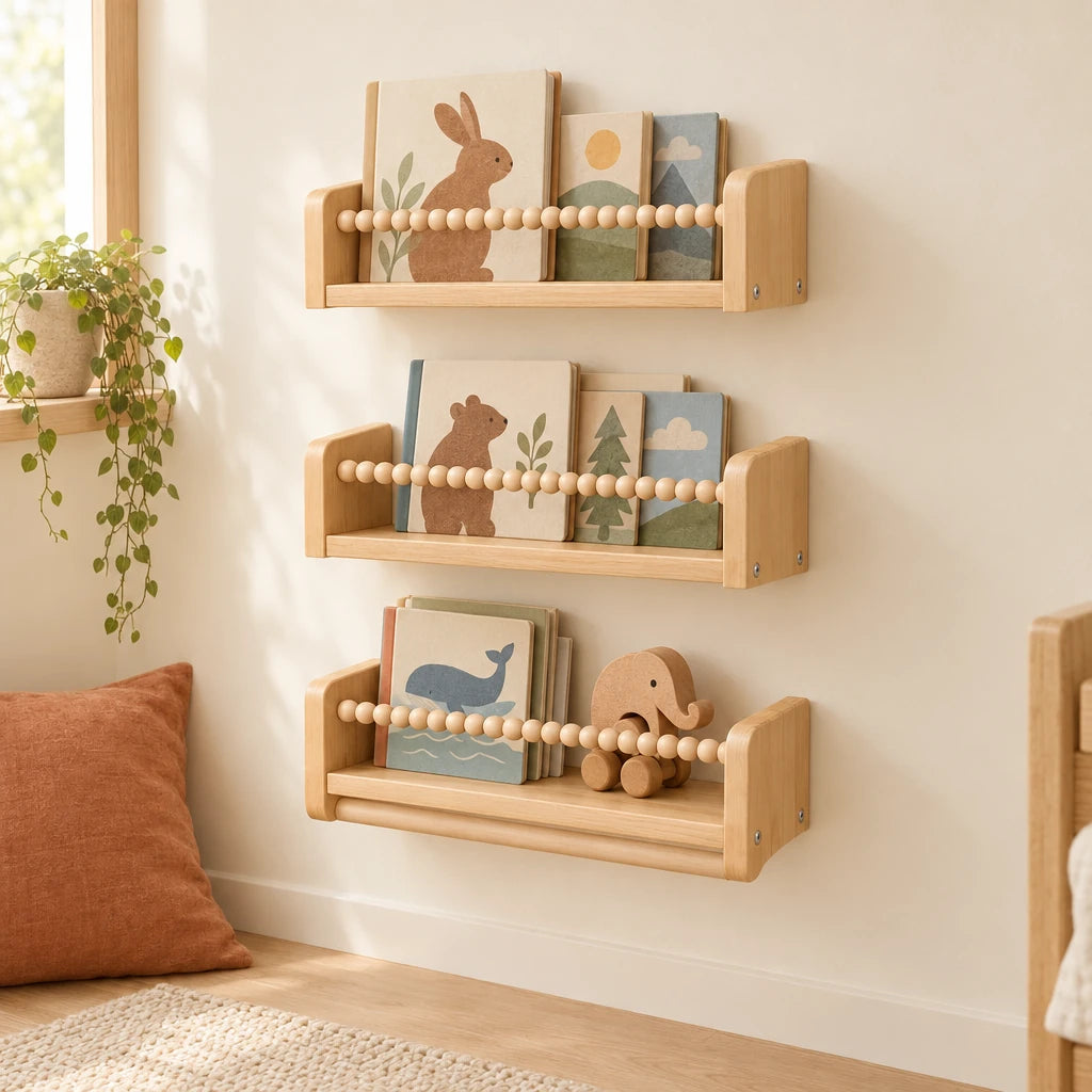 Lot de 3 bibliothèques enfant murales 50cm dans une chambre d’enfant claire