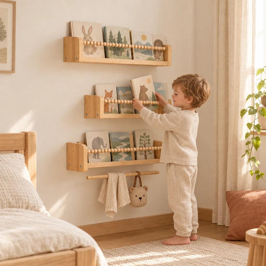Enfant de 3 ans qui choisit seul un livre dans le lot de 3 bibliothèques enfant murales 50cm