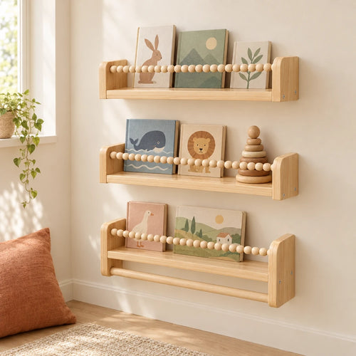 Lot de 3 bibliothèques enfant murales 60cm dans une chambre d’enfant claire