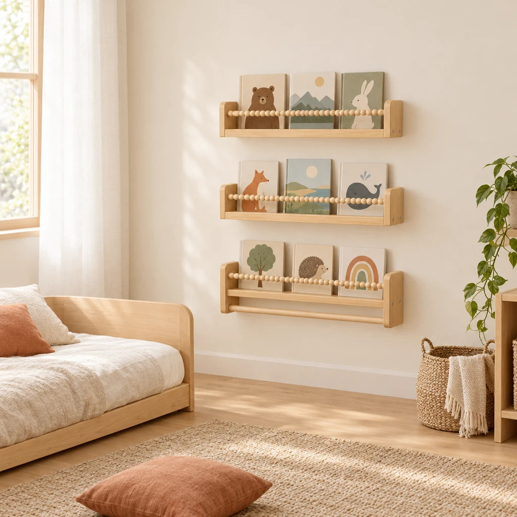 Vue d’ensemble d’une chambre Montessori avec le lot de 3 bibliothèques enfant murales 60cm