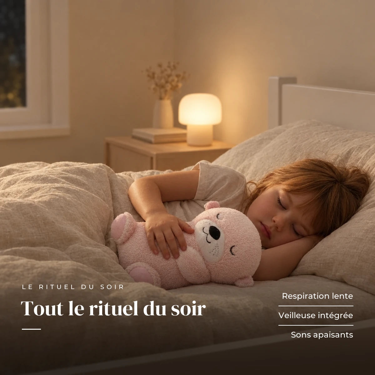 Peluche loutre qui respire serrée par un enfant endormi dans son lit. Tout le rituel du soir : respiration lente, veilleuse intégrée, sons apaisants
