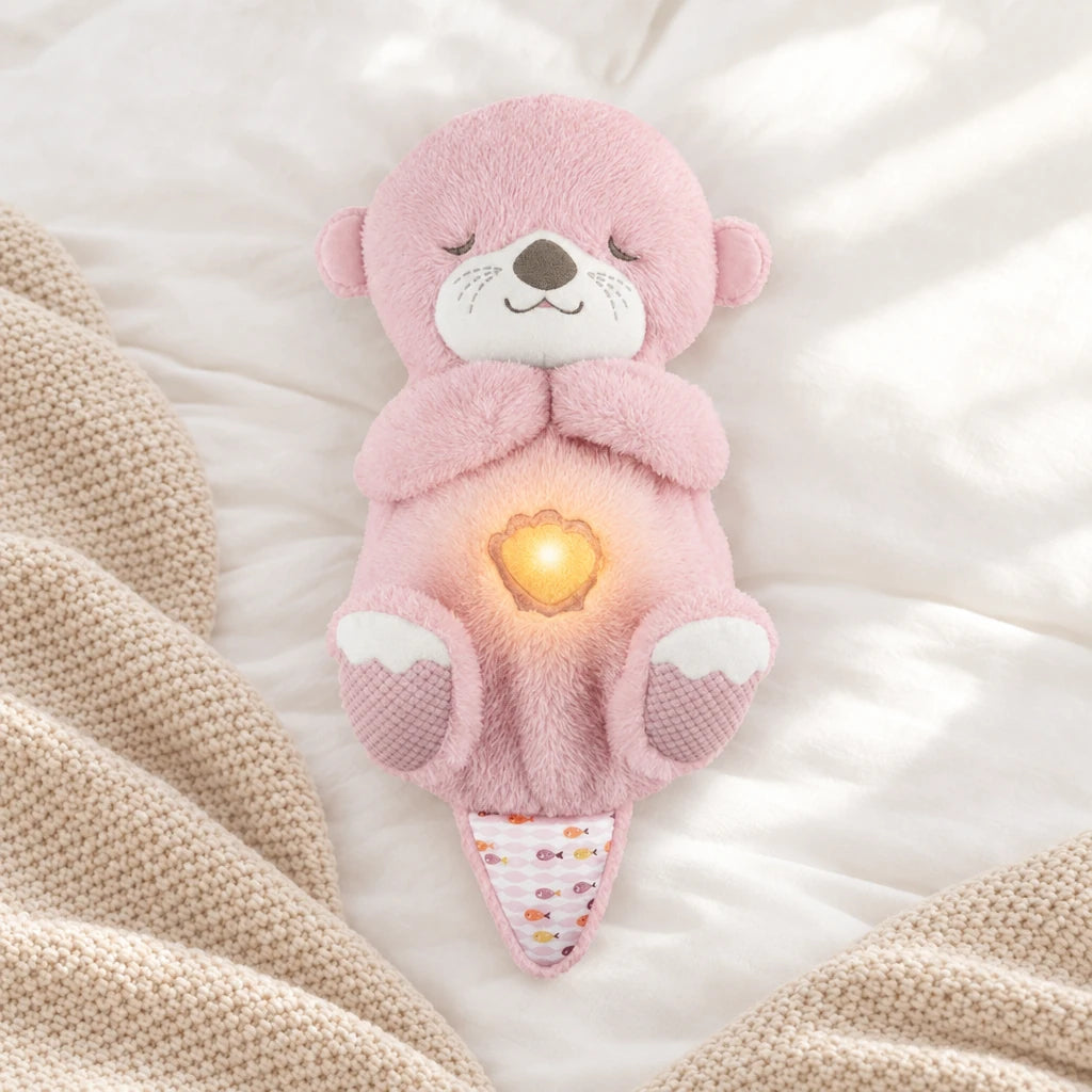 Peluche loutre qui respire rose sur fond crème, en studio
