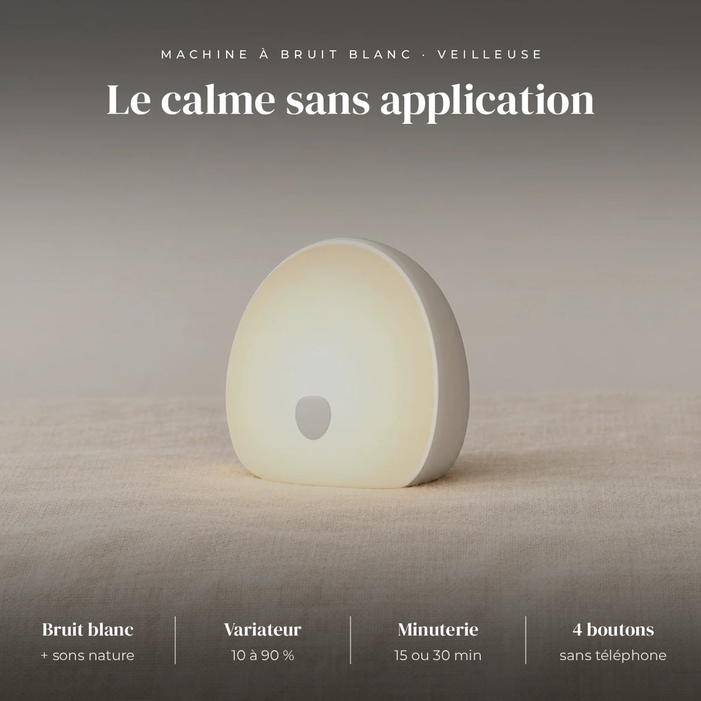 Machine à bruit blanc bébé rechargeable avec veilleuse : bruit blanc et sons de la nature, blanc chaud, naturel, froid + 6 couleurs (rouge, orange, vert, bleu, cyan, violet), 10 à 90 %