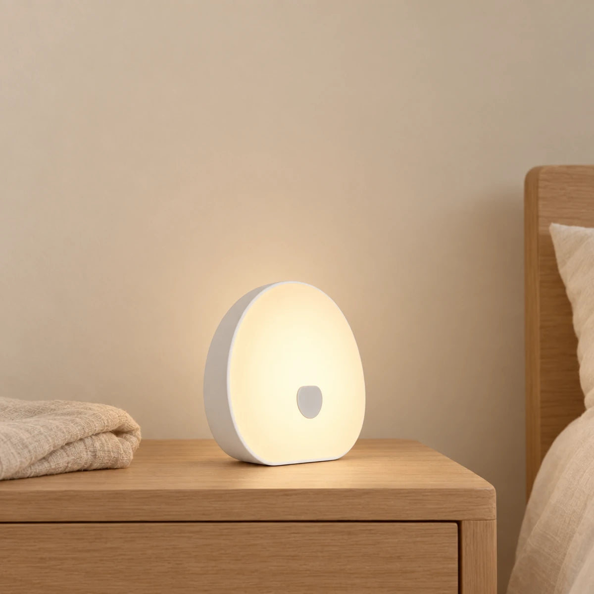 Machine à bruit blanc bébé rechargeable avec veilleuse allumée sur une table de chevet en chêne dans une chambre d’enfant